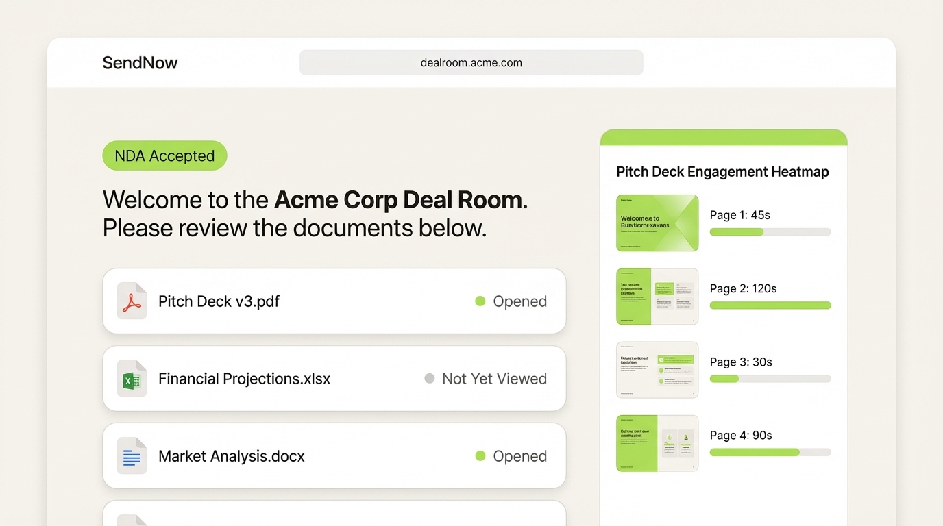 SendNow Deal Room microsite portal showing branded investor experience with engagement tracking