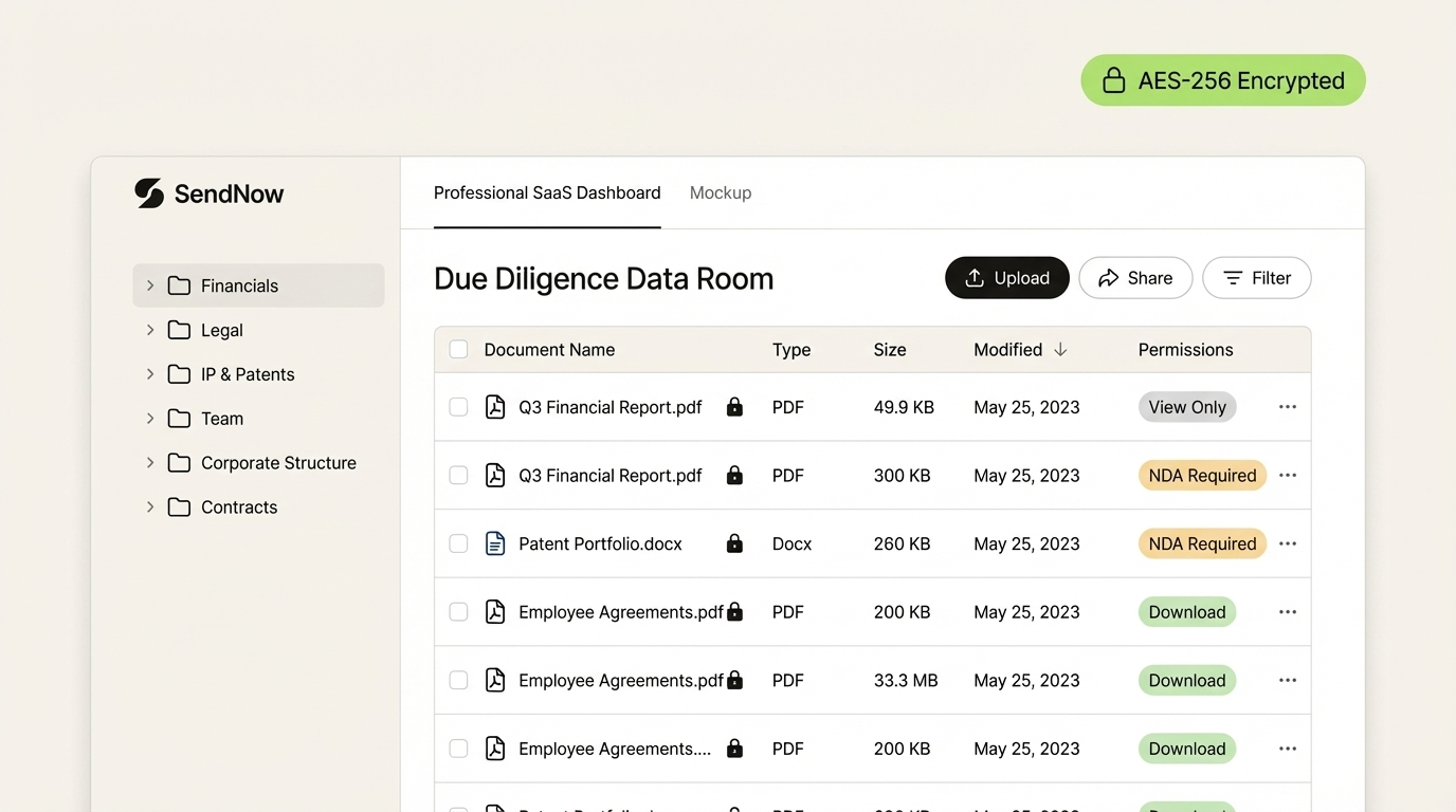 SendNow Due Diligence Data Room interface showing structured file repository with permission levels