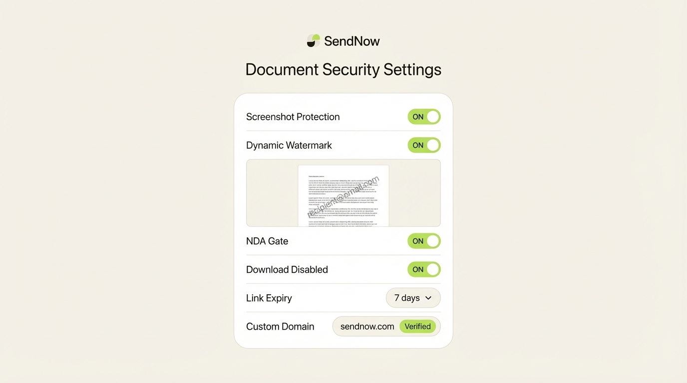 SendNow document security settings panel showing NDA gating, screenshot protection, dynamic watermarking