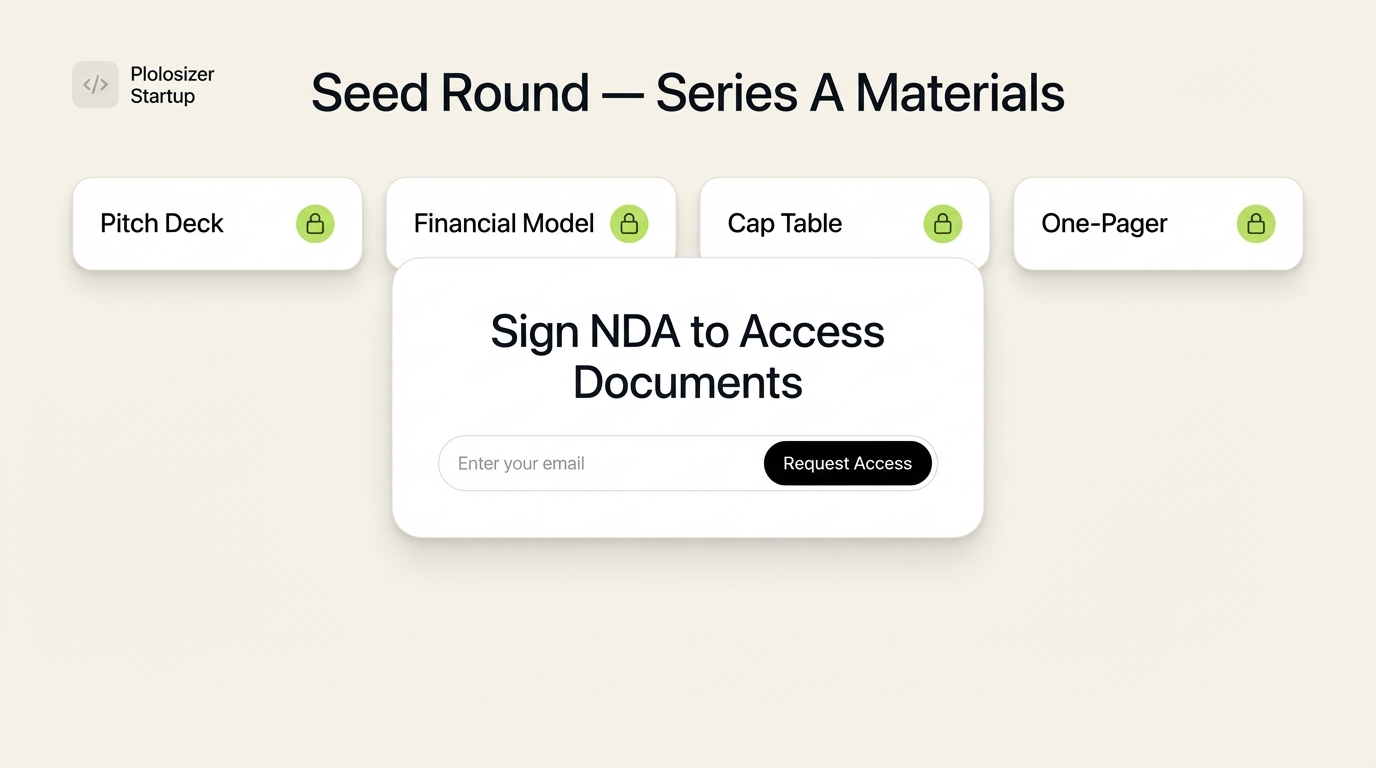 SendNow branded investor microsite with NDA gate — startup deal room showing locked document cards and access request modal