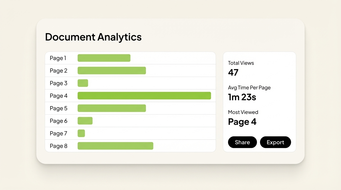SendNow page-by-page document analytics dashboard showing viewer engagement data