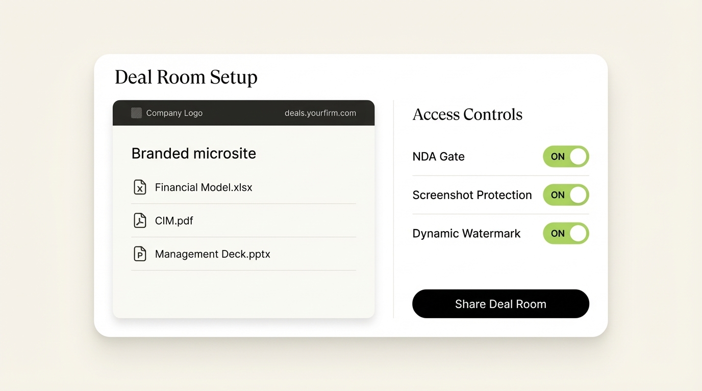 SendNow branded deal room interface with NDA gating, screenshot protection, and dynamic watermark controls