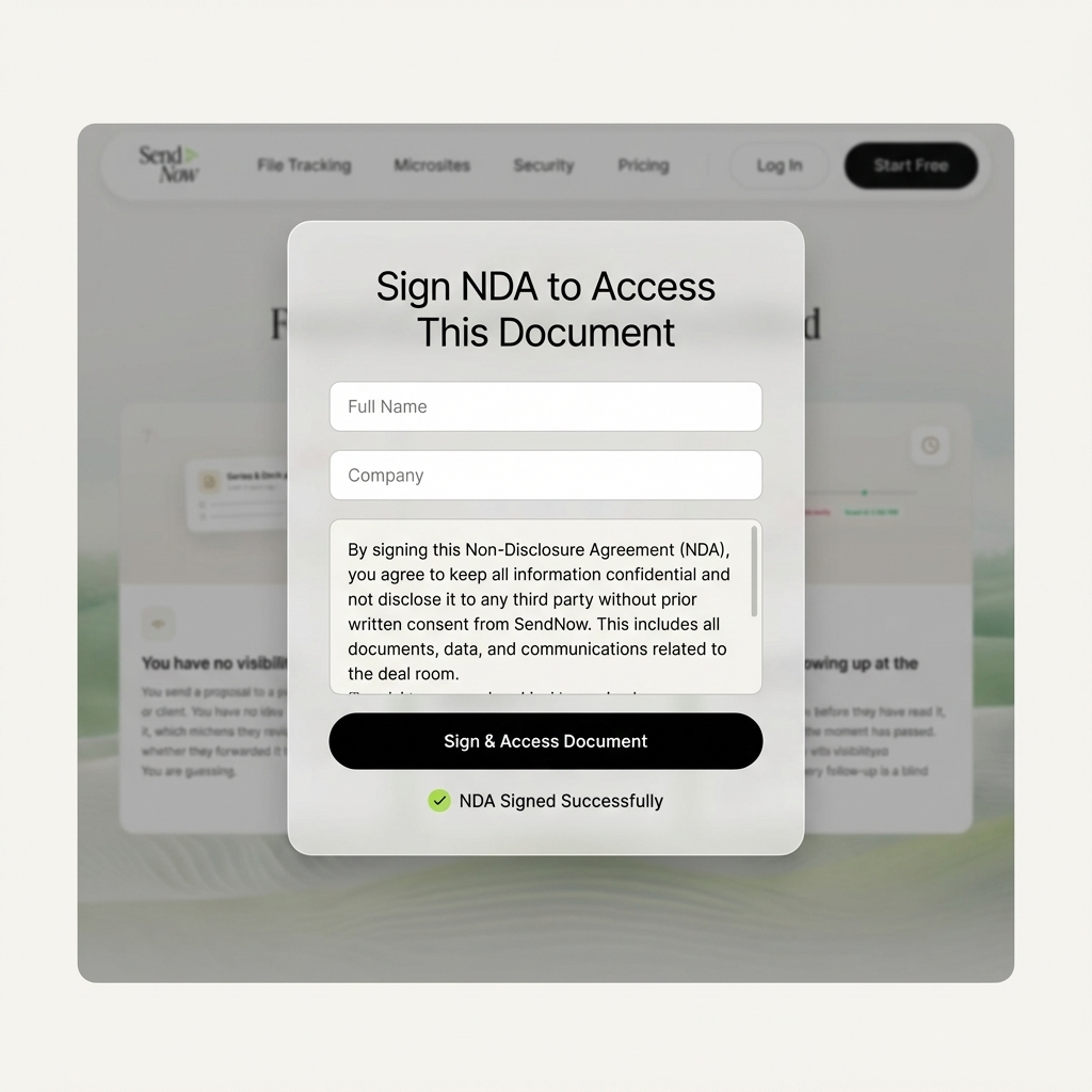 SendNow NDA gating screen — recipients must sign an NDA before accessing the document