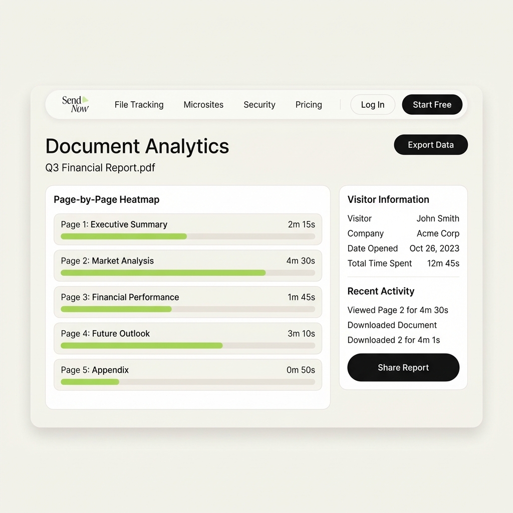 SendNow document analytics dashboard showing page-by-page reading heatmap for a shared financial document