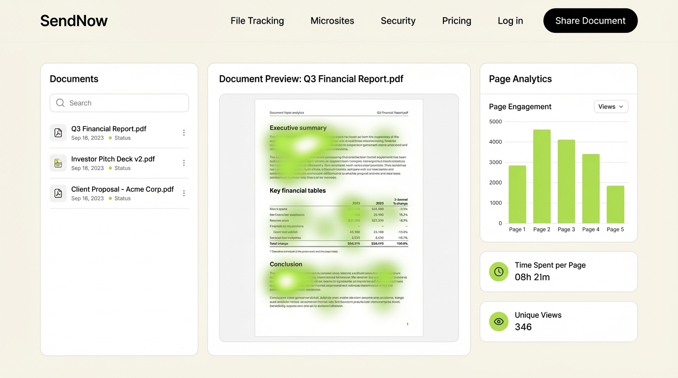 SendNow page-by-page document analytics dashboard