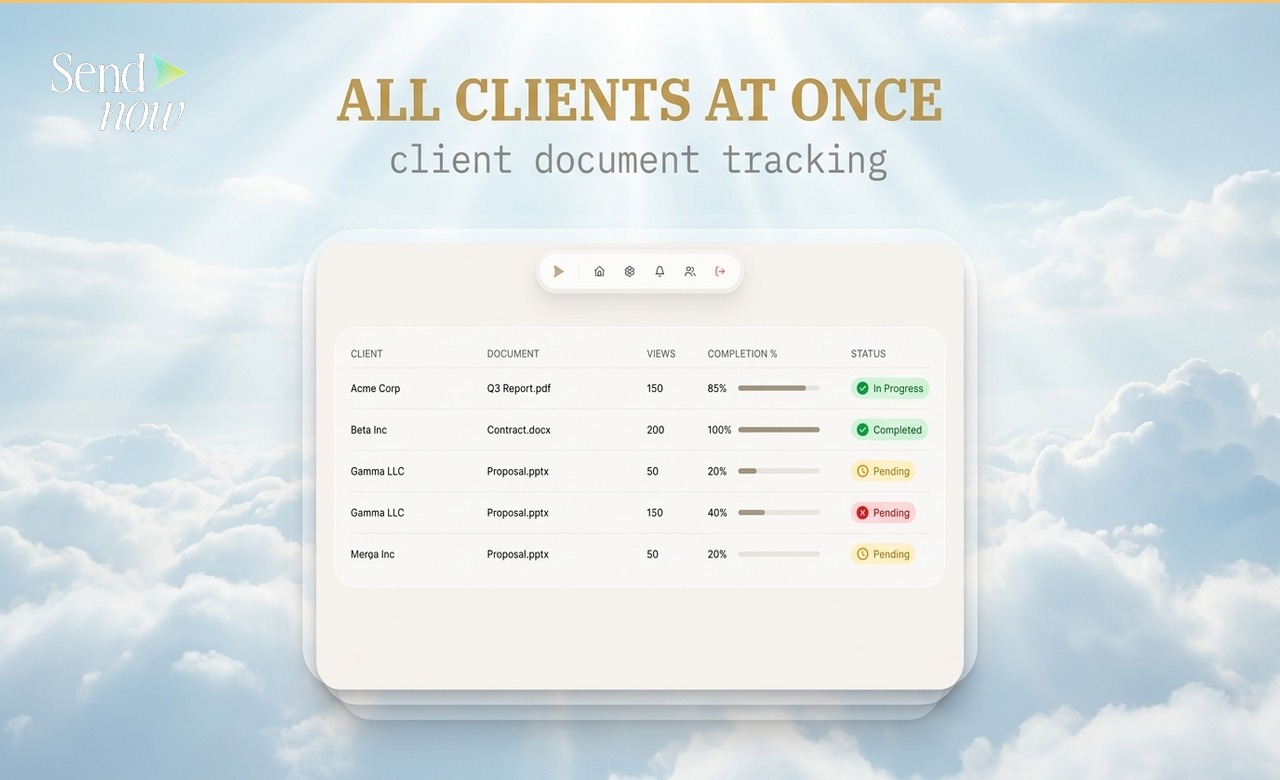 Multi-document dashboard showing views, completion and status for all clients
