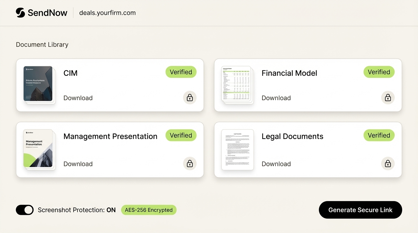 SendNow branded deal room for PE due diligence