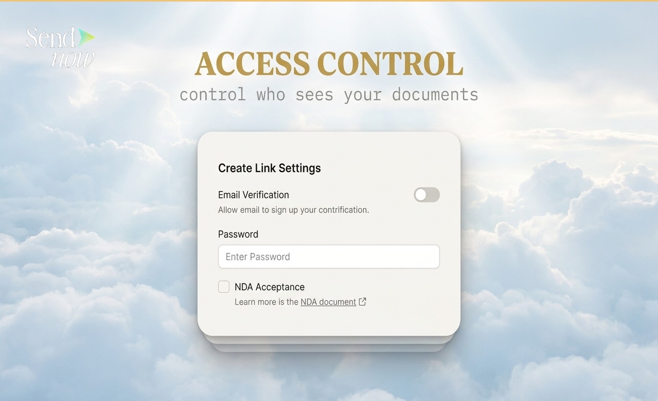 Create Link panel showing email verification, password, and NDA toggles