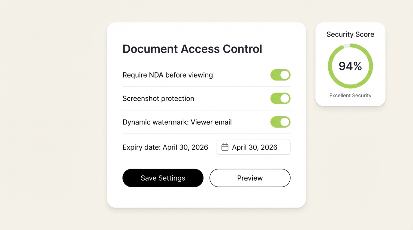 SendNow document security settings: NDA gating, screenshot protection, and dynamic watermarks