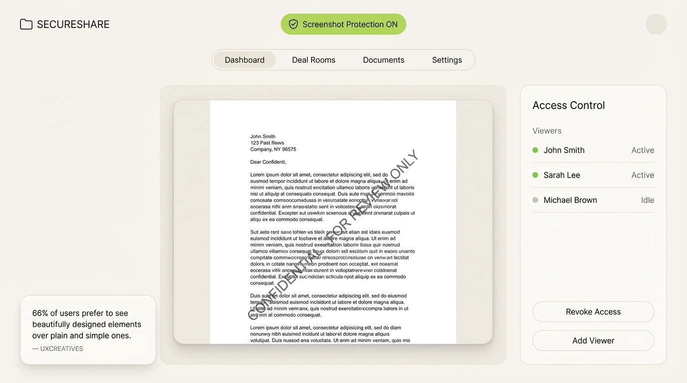 Branded deal room with screenshot protection and dynamic watermarking active