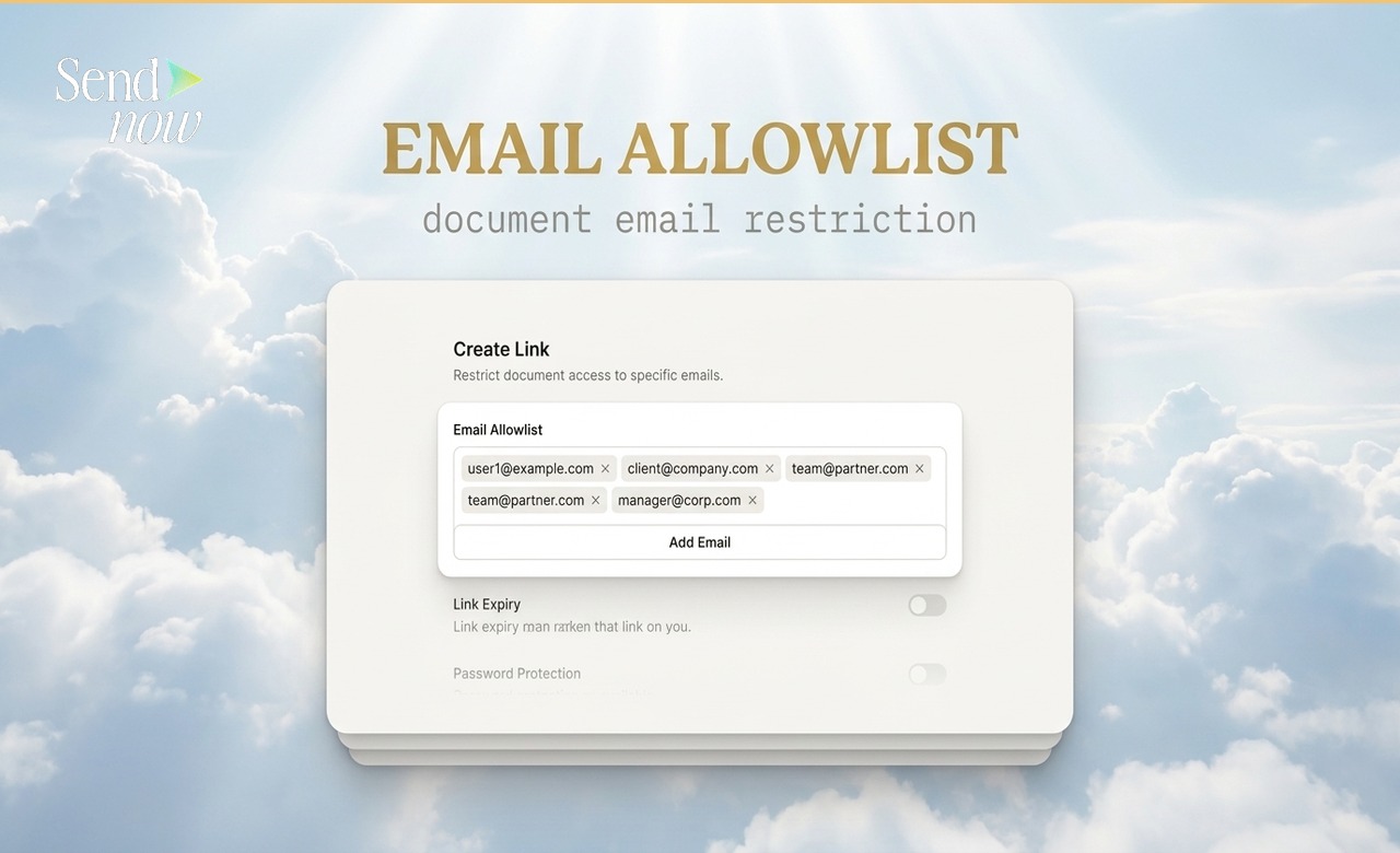 Pannello Crea Link che mostra il campo elenco autorizzazione email con indirizzi email specifici inseriti