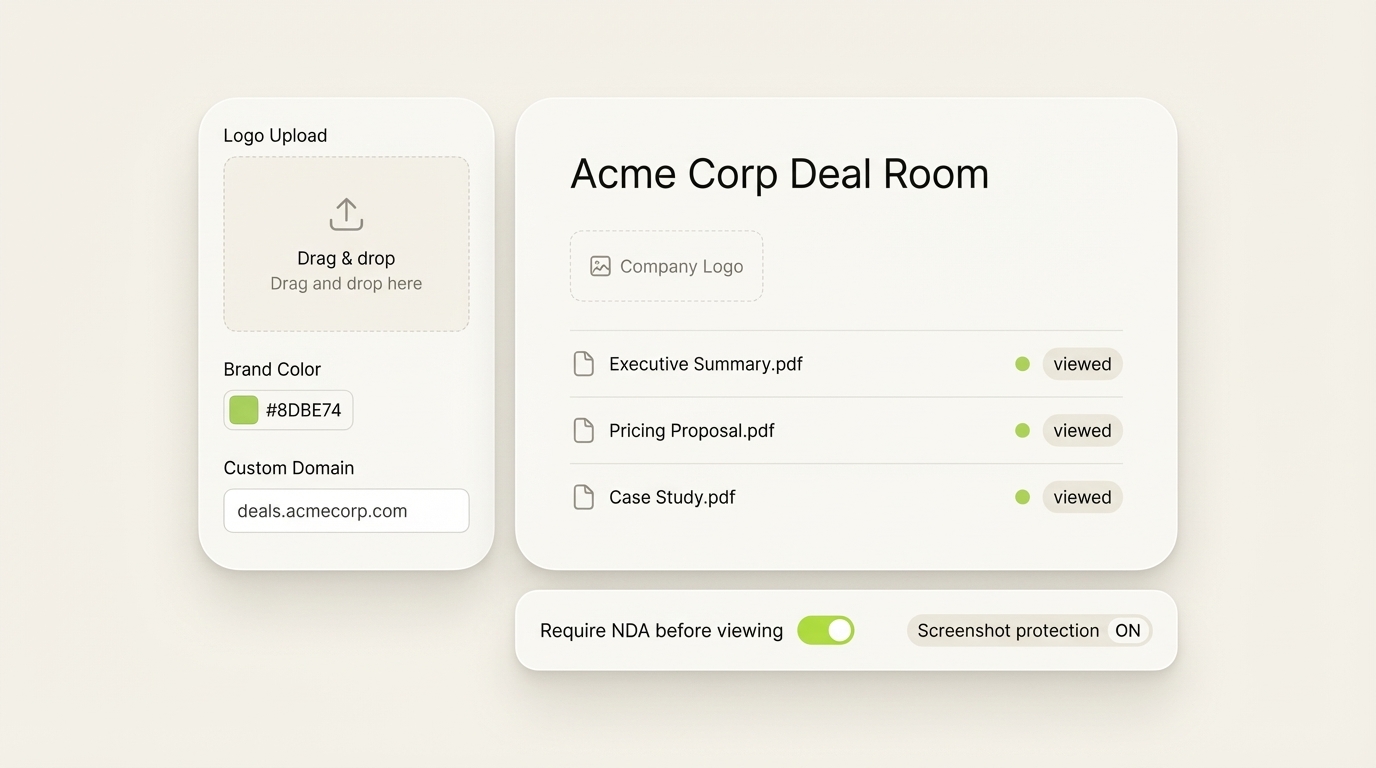 SendNow branded deal room builder — custom domain, NDA gate, screenshot protection