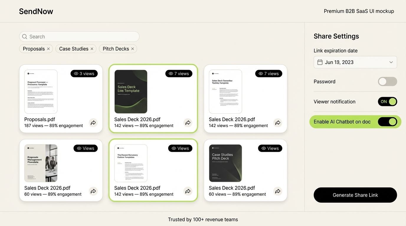 SendNow content library with engagement tracking and AI chatbot share settings