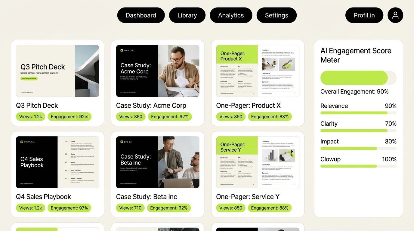 Sales content library UI showing AI engagement scores and document performance metrics