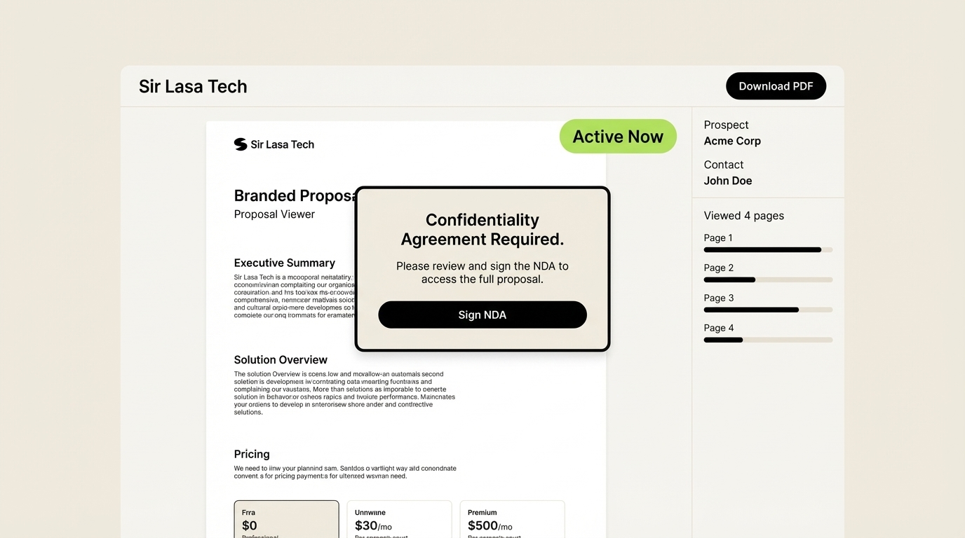 Branded proposal deal room showing NDA gate, prospect activity feed, and engagement tracking