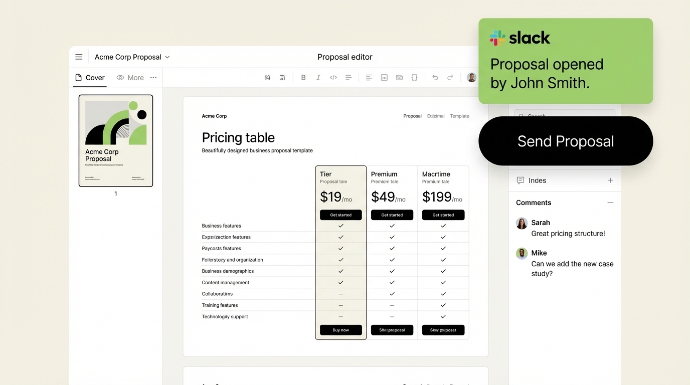 Proposal creation interface with Slack integration showing a real-time open notification for a sales team