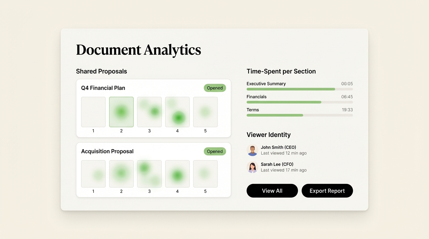 SendNow page-by-page proposal analytics dashboard showing document heatmap and viewer activity