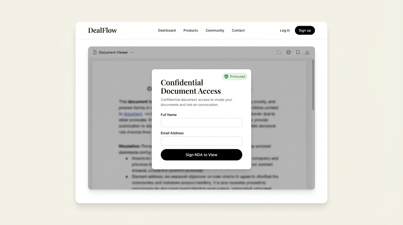 SendNow branded deal room and NDA gate mockup on cream background with green protection badge