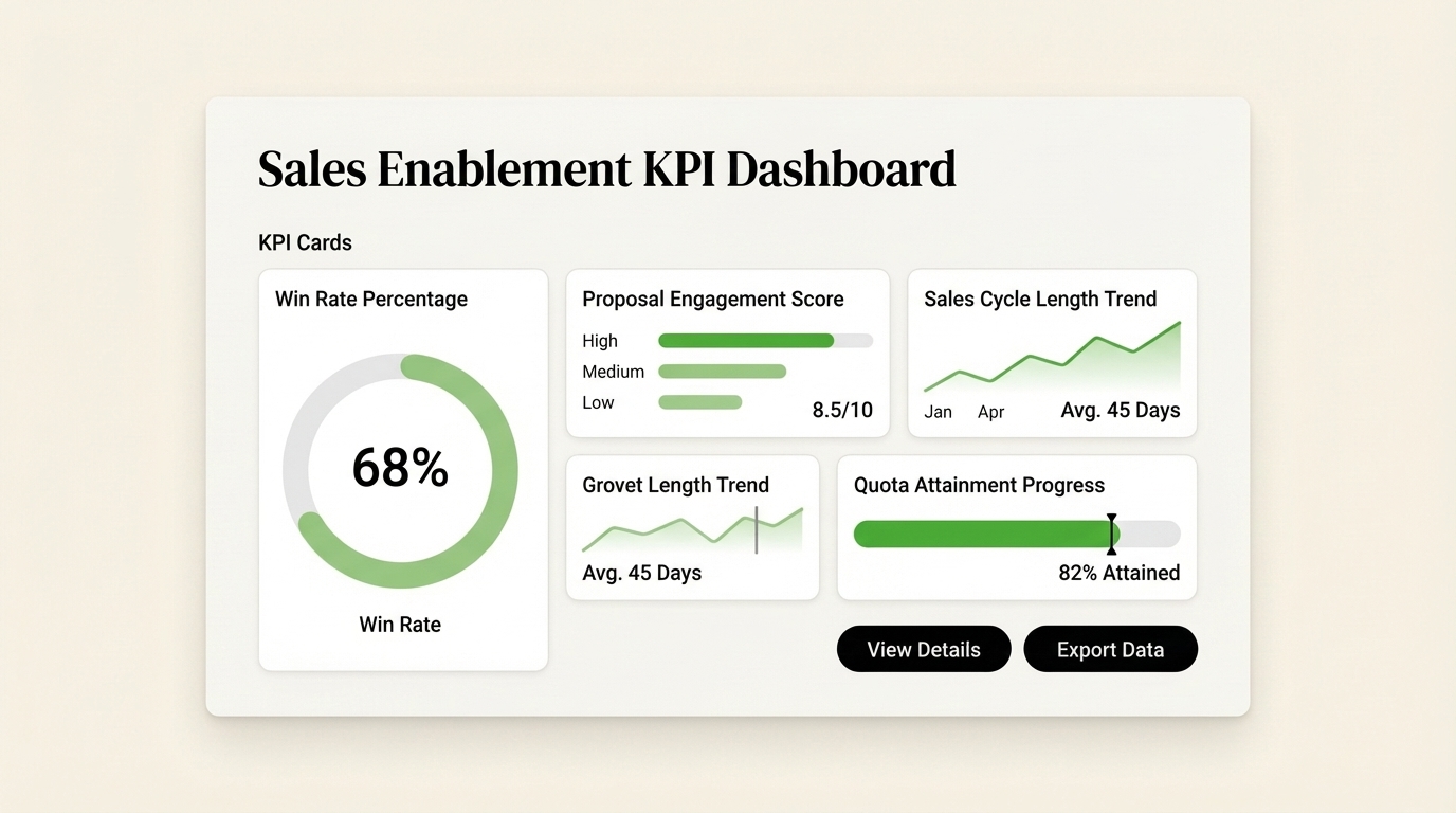 SendNow KPI dashboard mockup showing win rate donut chart, proposal engagement score, and quota attainment bars on cream background