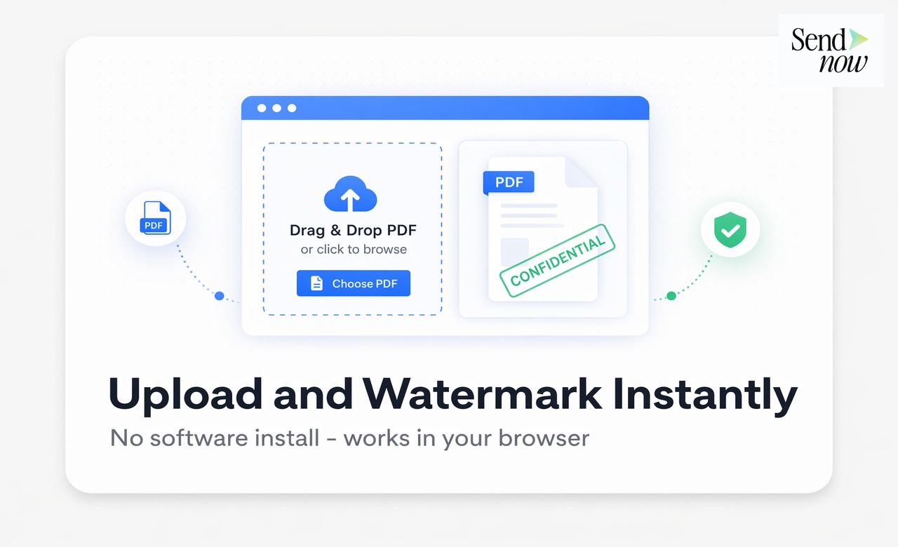 SendNow watermark configuration panel showing text, opacity, and position settings