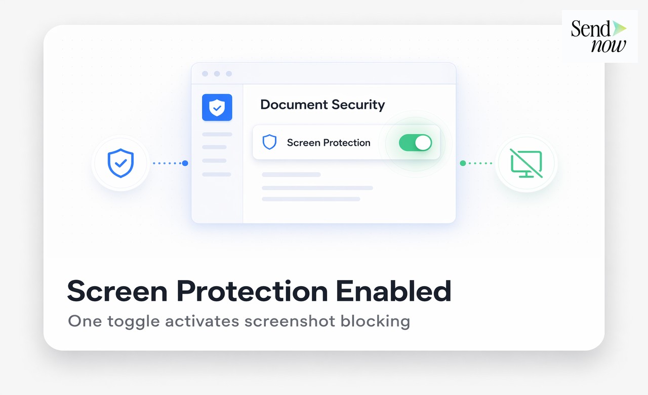 SendNow Create Link panel with Screenshot Blocker toggle ON