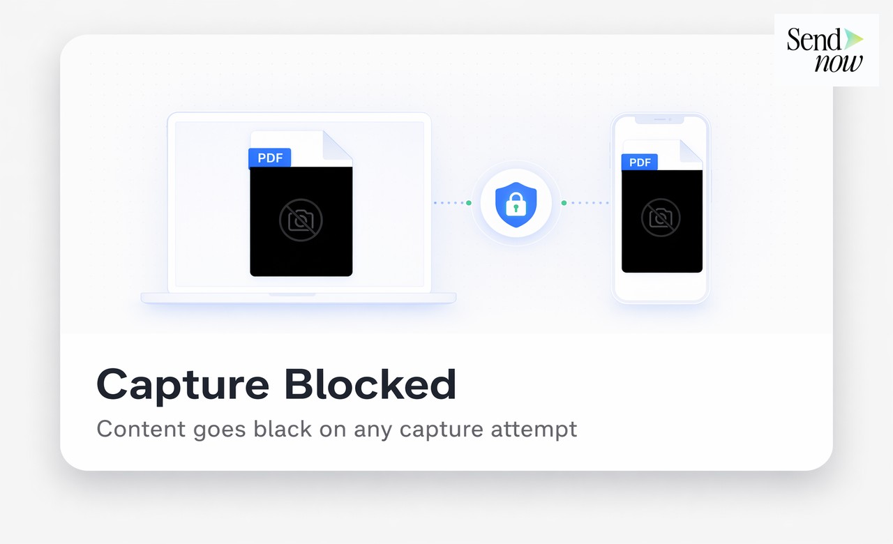 SendNow document viewer showing dark screenshot protection overlay