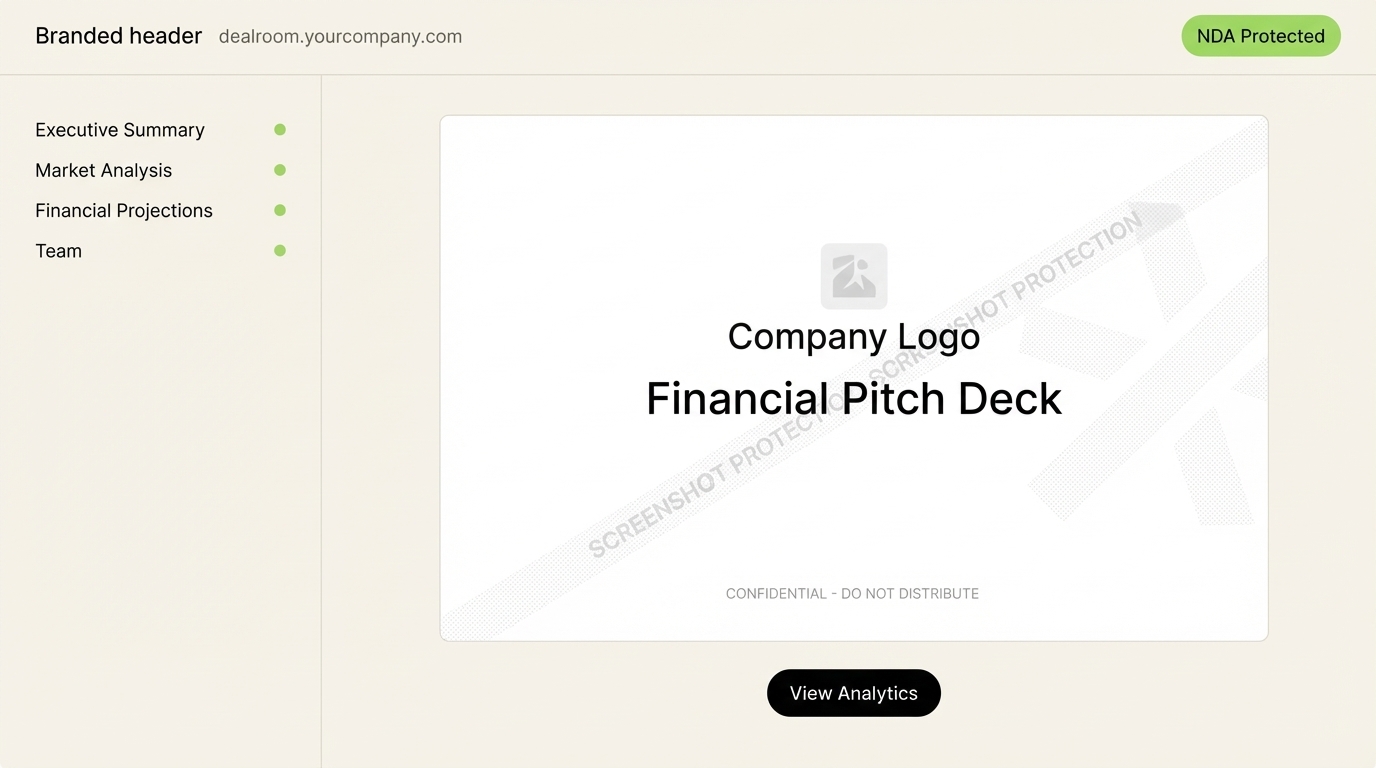 SendNow branded deal room with NDA gating, section tracking, and screenshot protection
