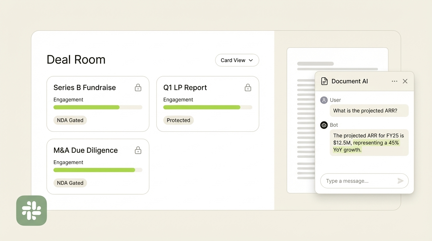 SendNow deal room with AI chatbot, deal cards, and Slack integration