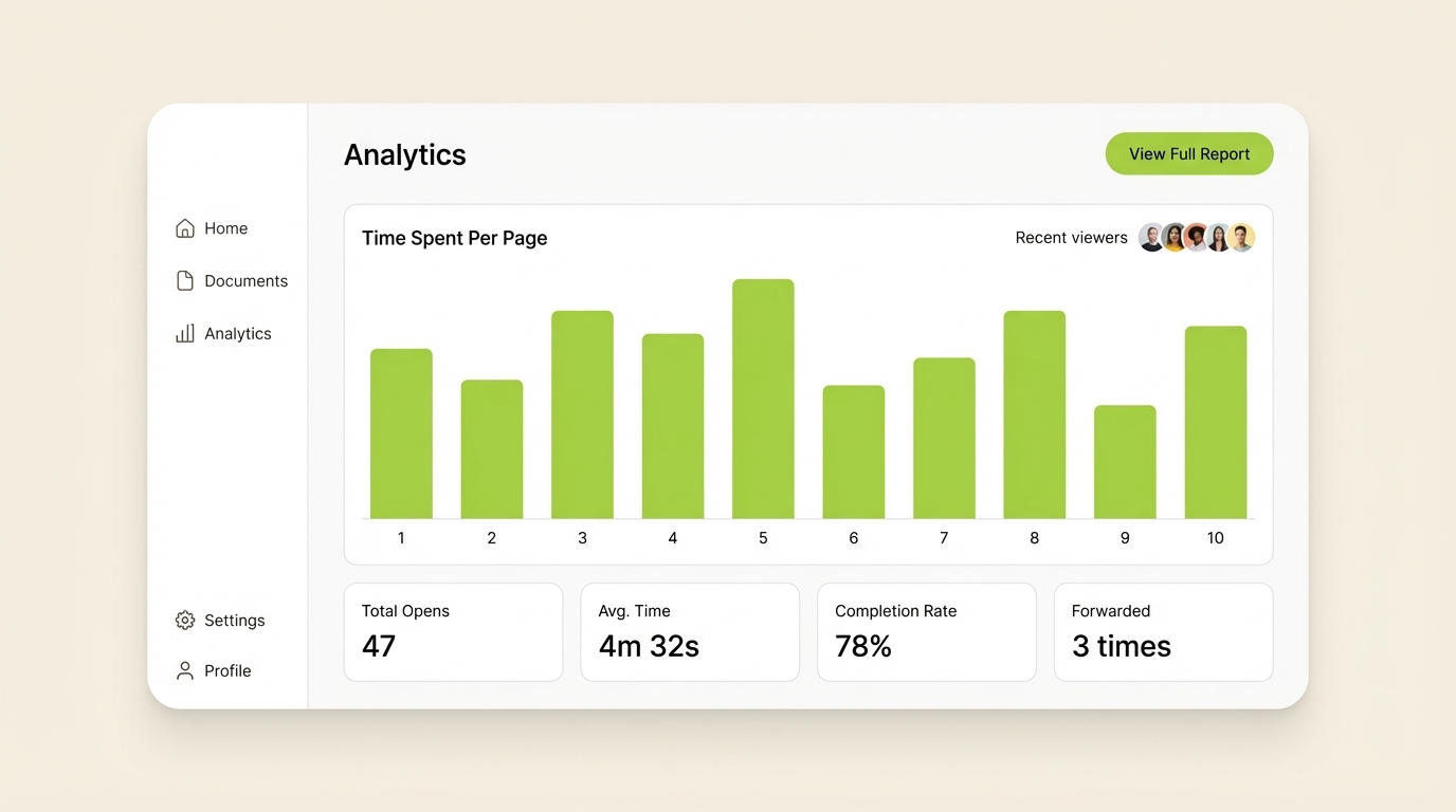 SendNow analytics dashboard UI mockup showing time-spent-per-page bar chart with lime green metrics and engagement cards