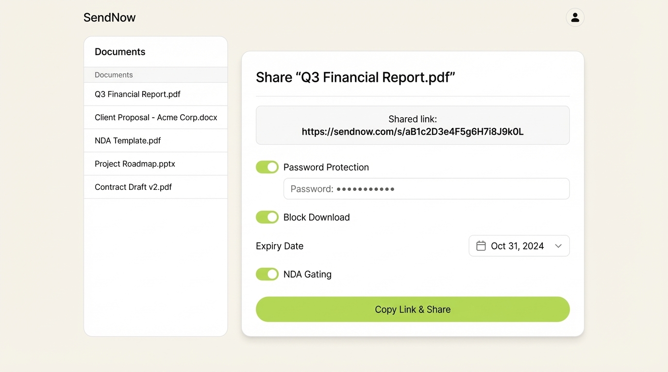 SendNow secure document sharing — access controls dashboard