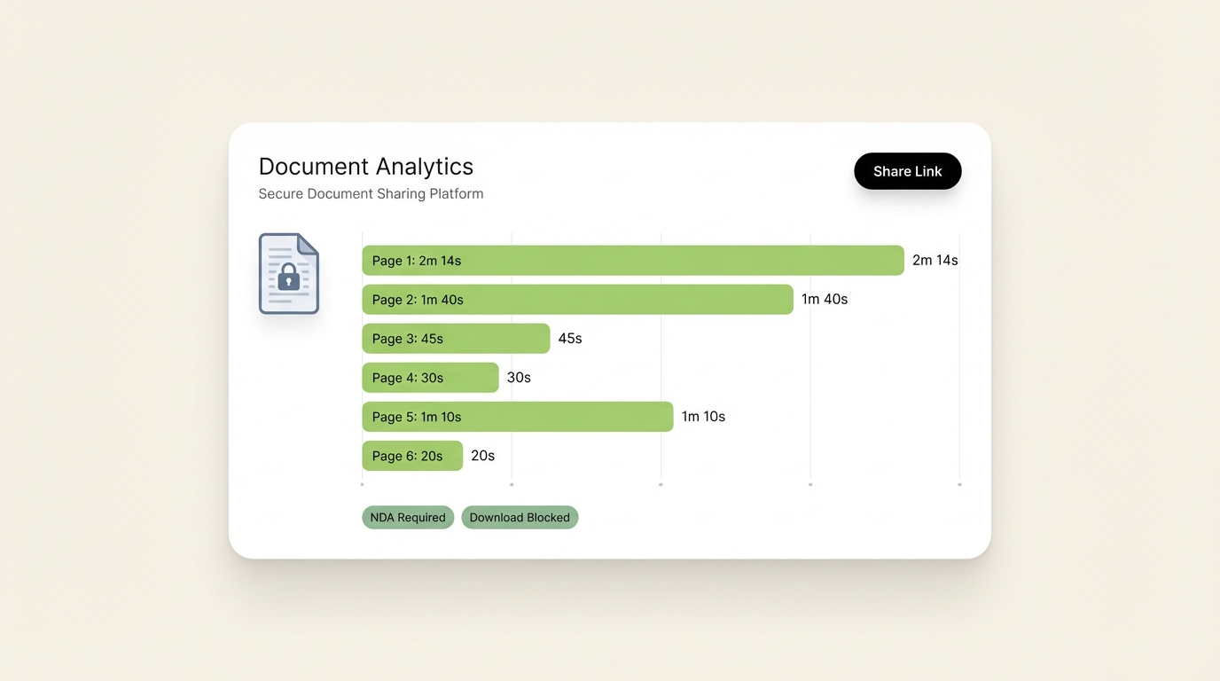 SendNow document analytics UI mockup showing page-by-page engagement bars with NDA and download blocked status chips