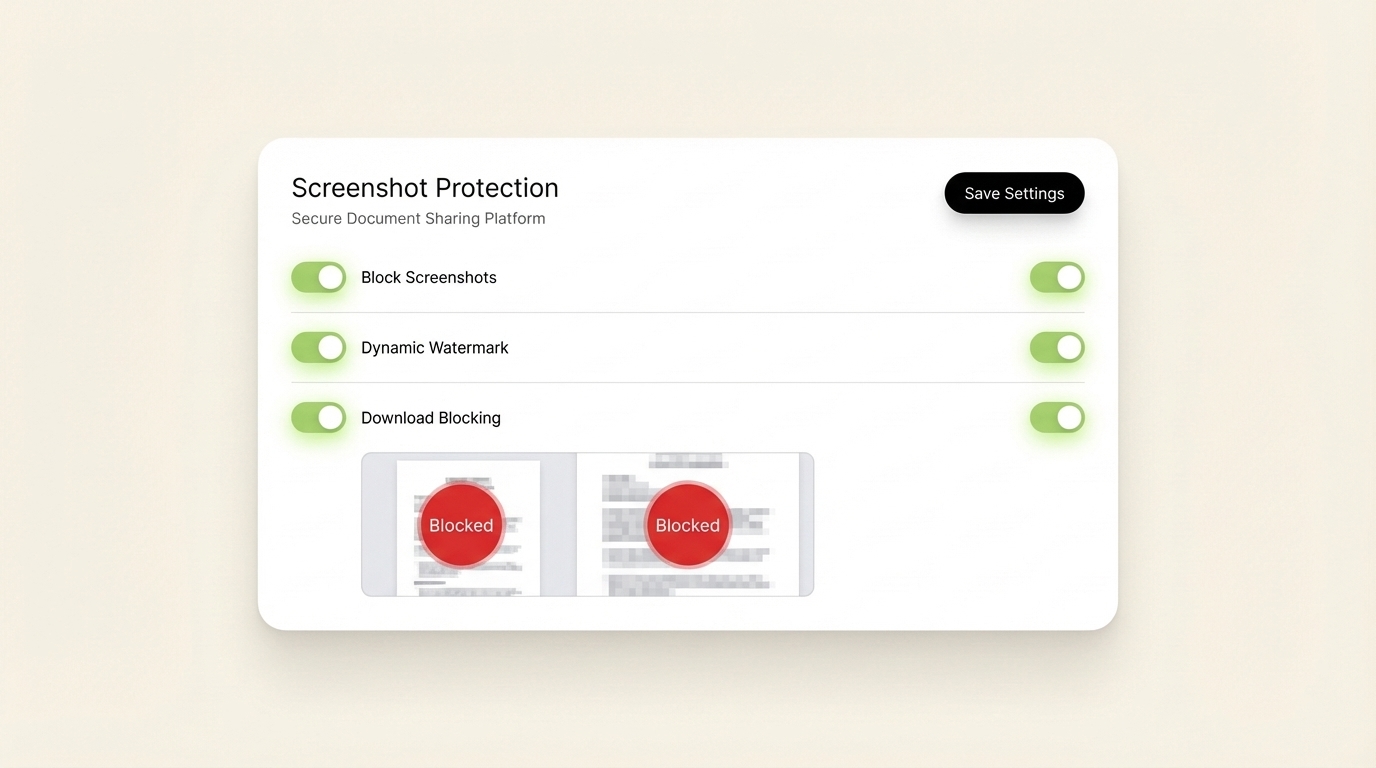 SendNow screenshot protection settings UI mockup with Block Screenshots, Dynamic Watermark, and Download Blocking toggles