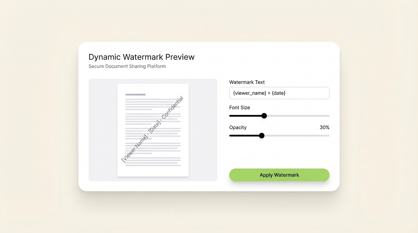 SendNow dynamic watermark preview UI mockup showing viewer name and date overlaid diagonally on a document page