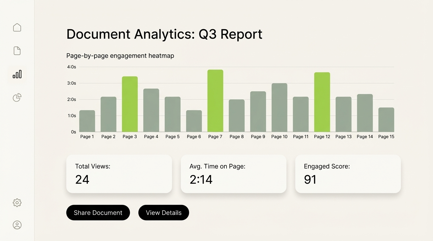 SendNow analytics mockup: page-by-page engagement heatmap dashboard with time-on-page bars, AI engagement score, and viewer activity feed