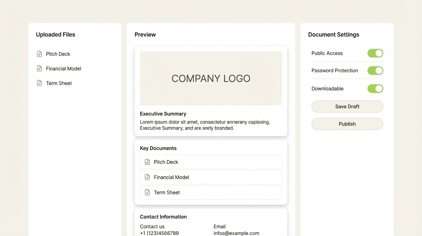 SendNow branded deal room builder interface — document microsite with sidebar file list, center preview, and lime green settings panel