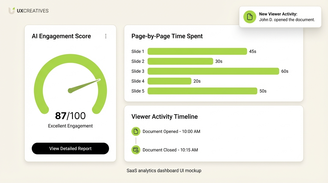 SendNow AI engagement scoring dashboard — page-by-page bar chart, viewer timeline, and real-time engagement score gauge in lime green