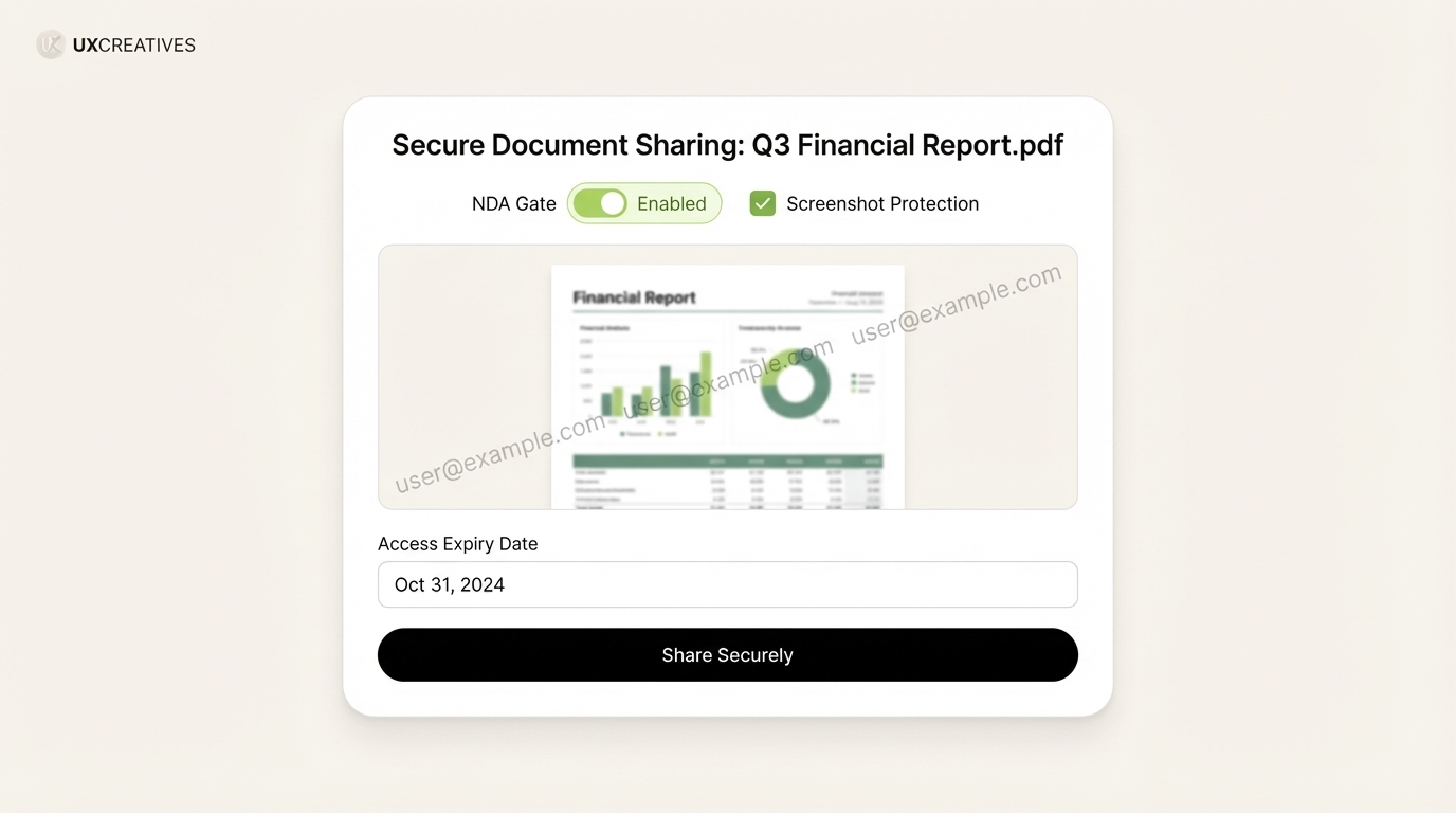 SendNow secure document sharing settings panel — NDA gate toggle, screenshot protection, dynamic watermark preview, access expiry, and Share Securely button