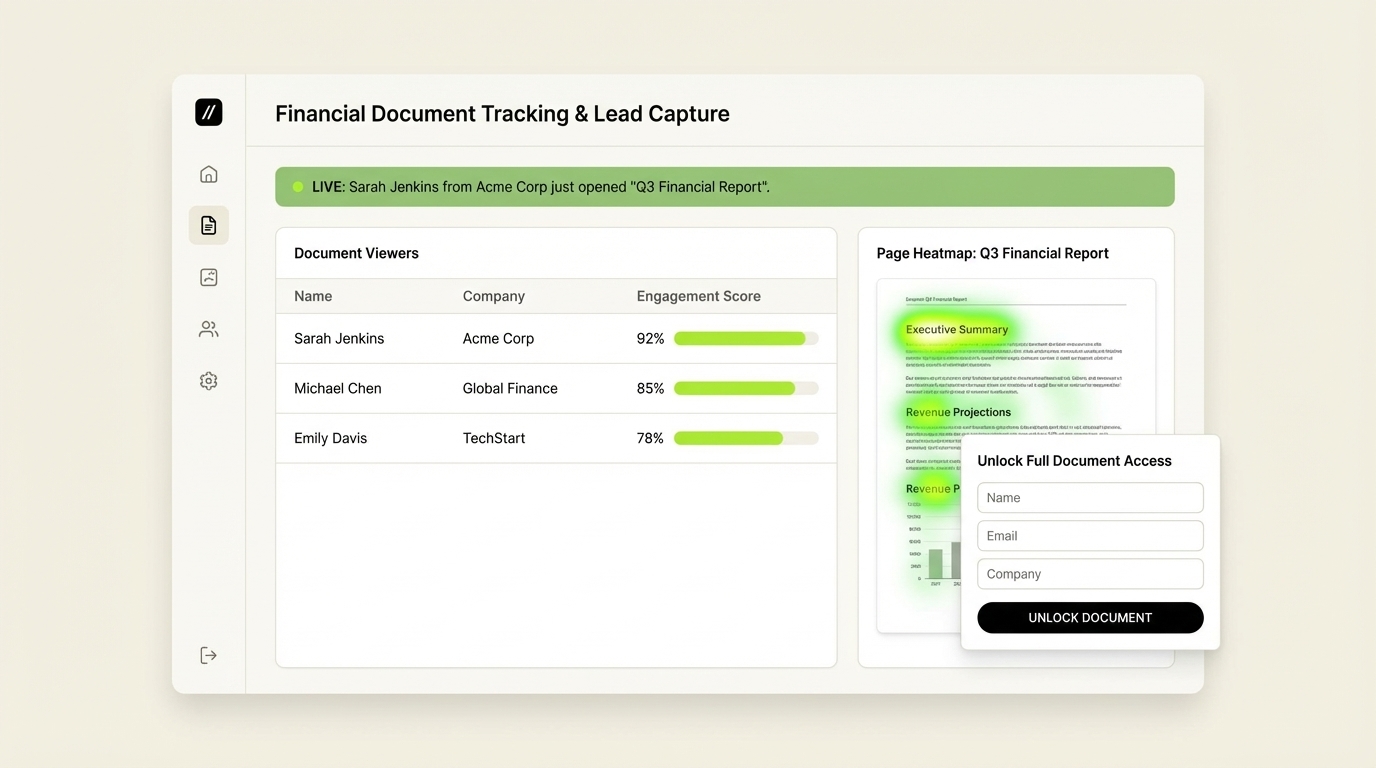 SendNow document tracking and lead capture dashboard — viewer list with engagement scores, live open notification, page heatmap, and lead capture form