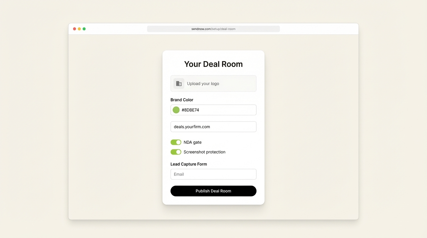 SendNow branded deal room setup with NDA gate, screenshot protection, and custom domain enabled