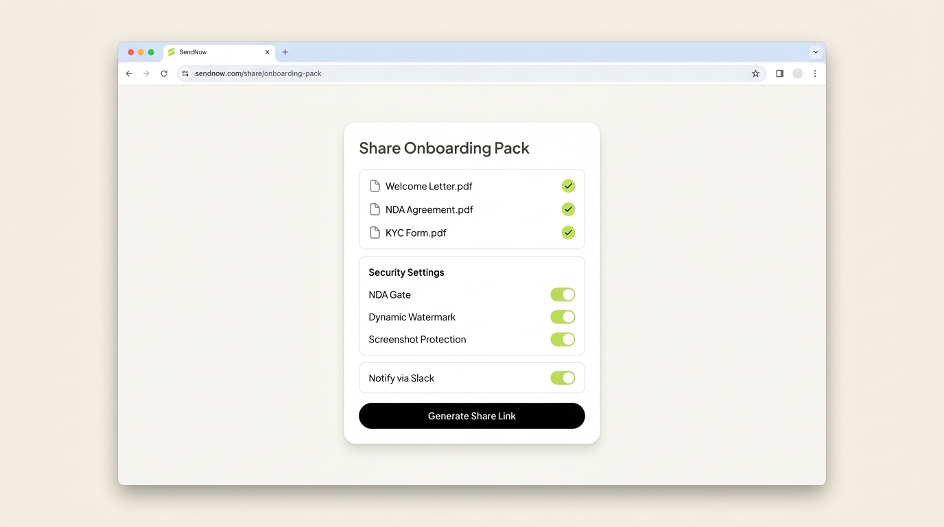 SendNow secure document share flow showing NDA gate, dynamic watermark, and screenshot protection settings