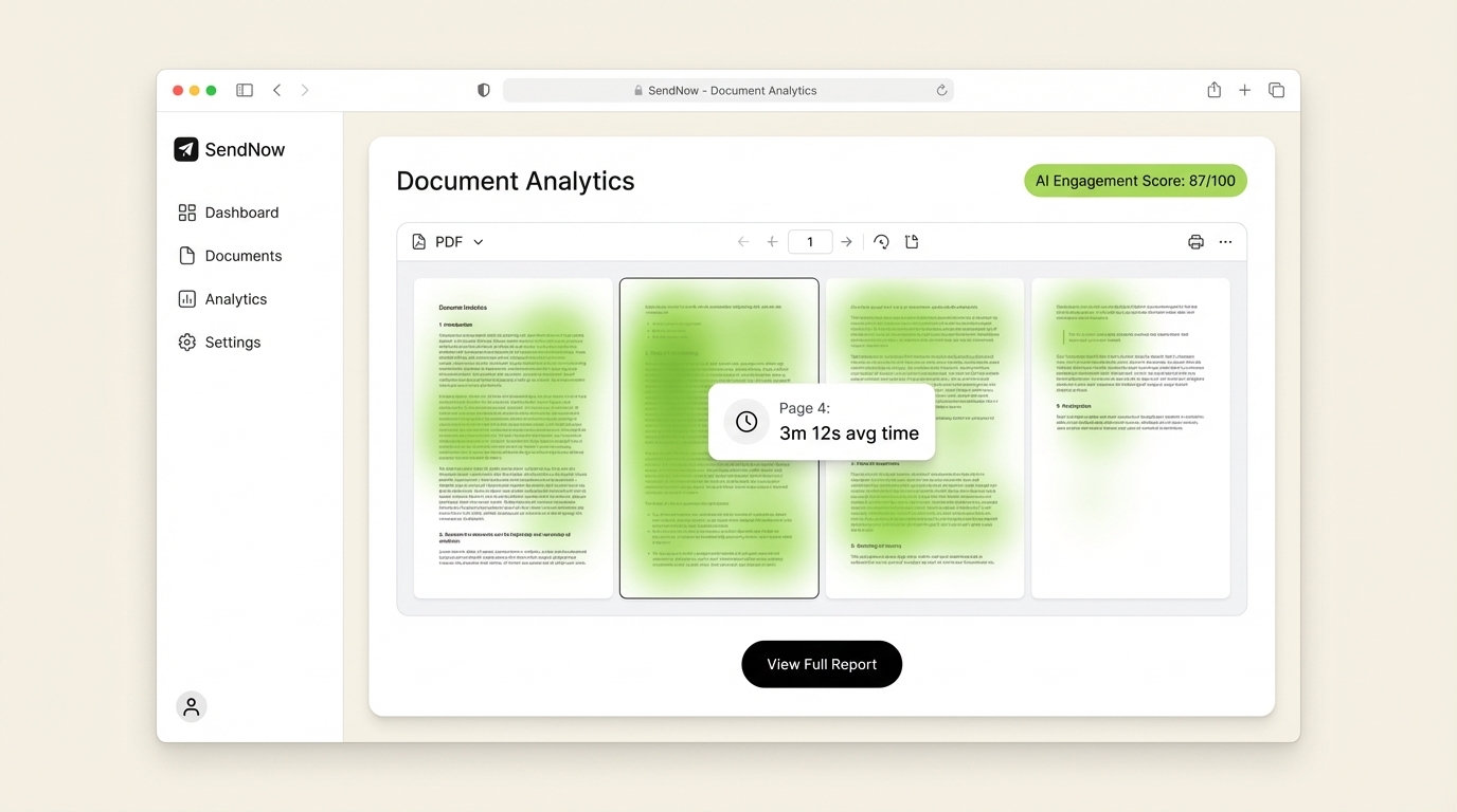 SendNow AI engagement scoring showing per-page analytics and composite viewer interest score