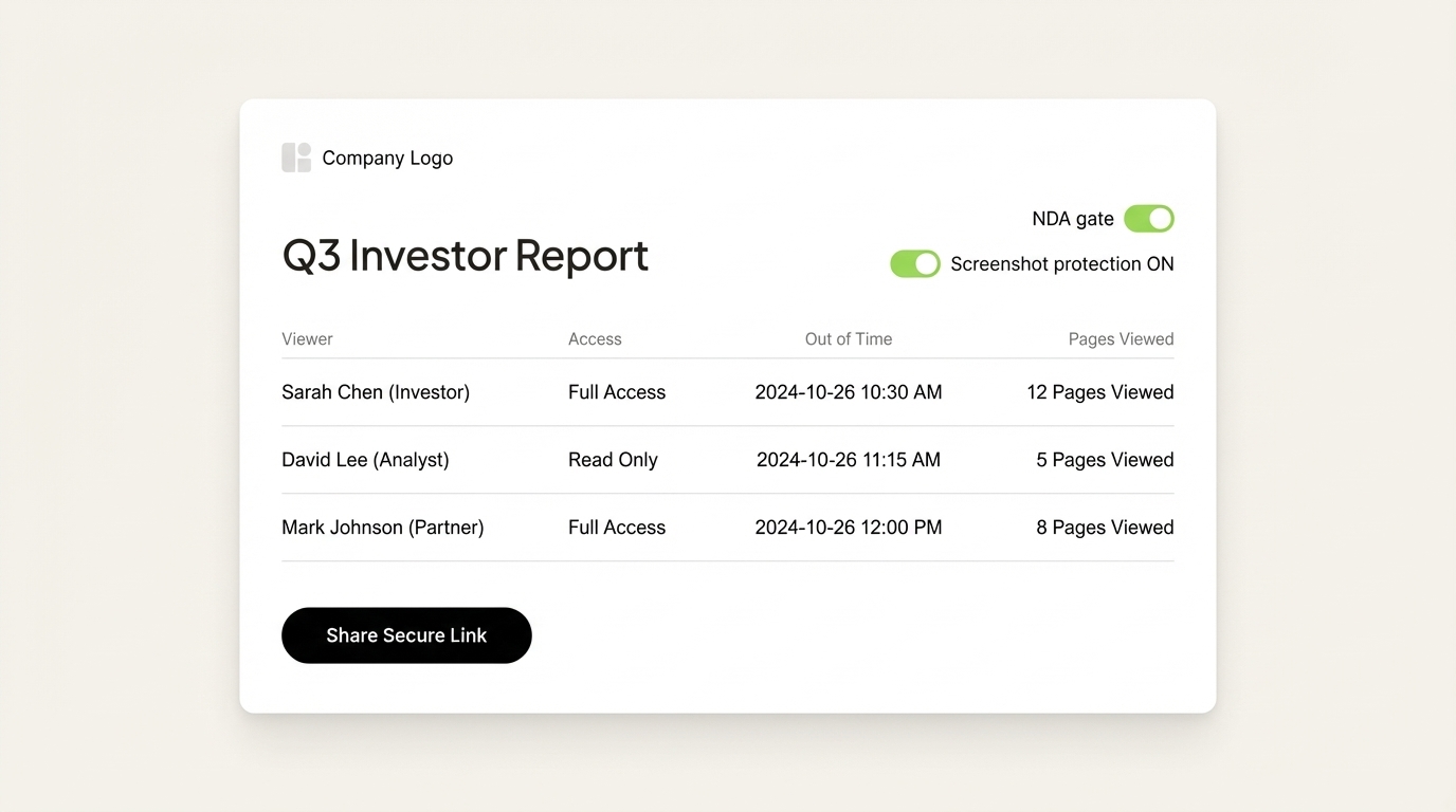 SendNow branded deal room with NDA gating mockup