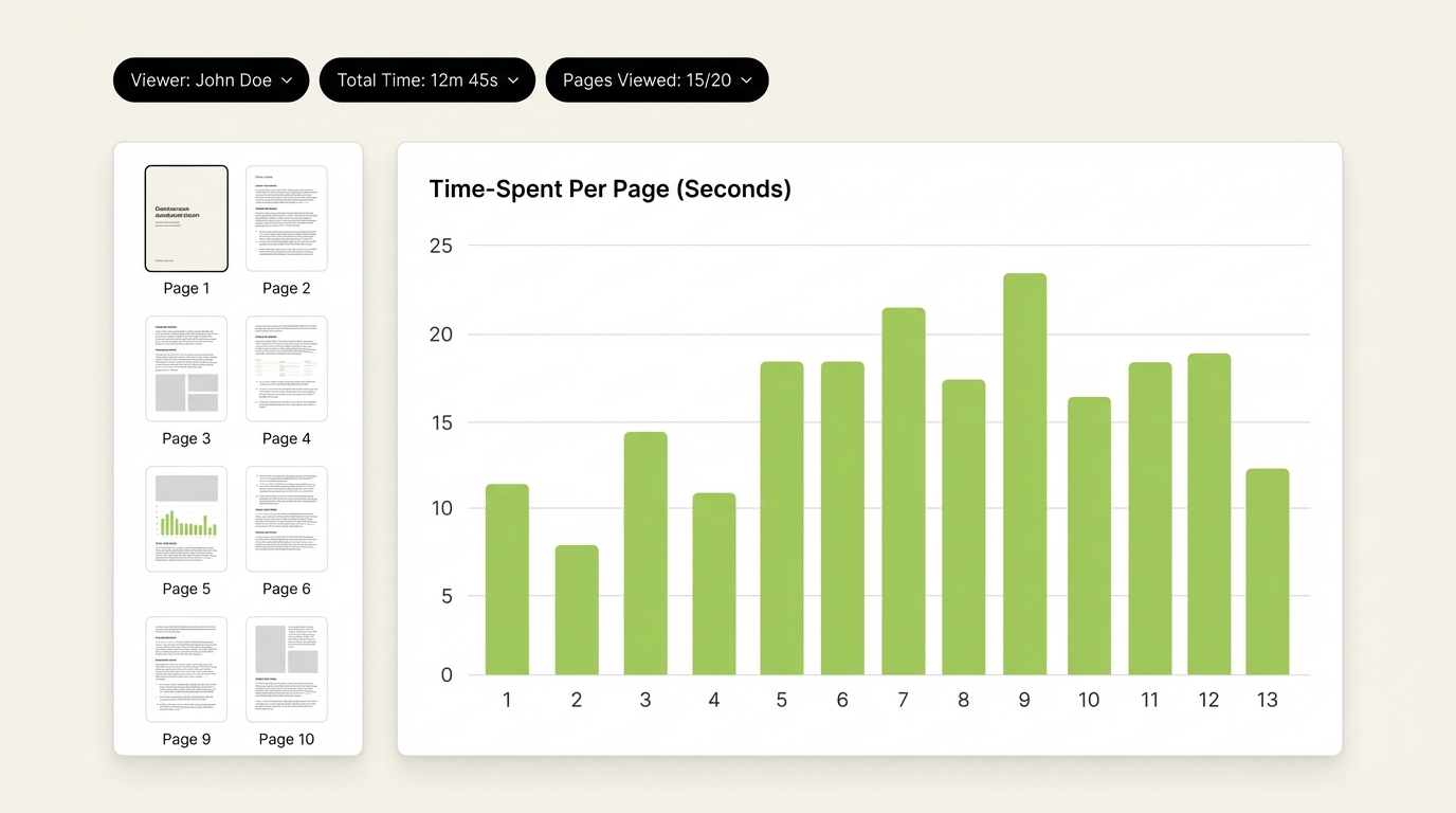 Page-by-page analytics dashboard showing time spent per page with lime green bar charts