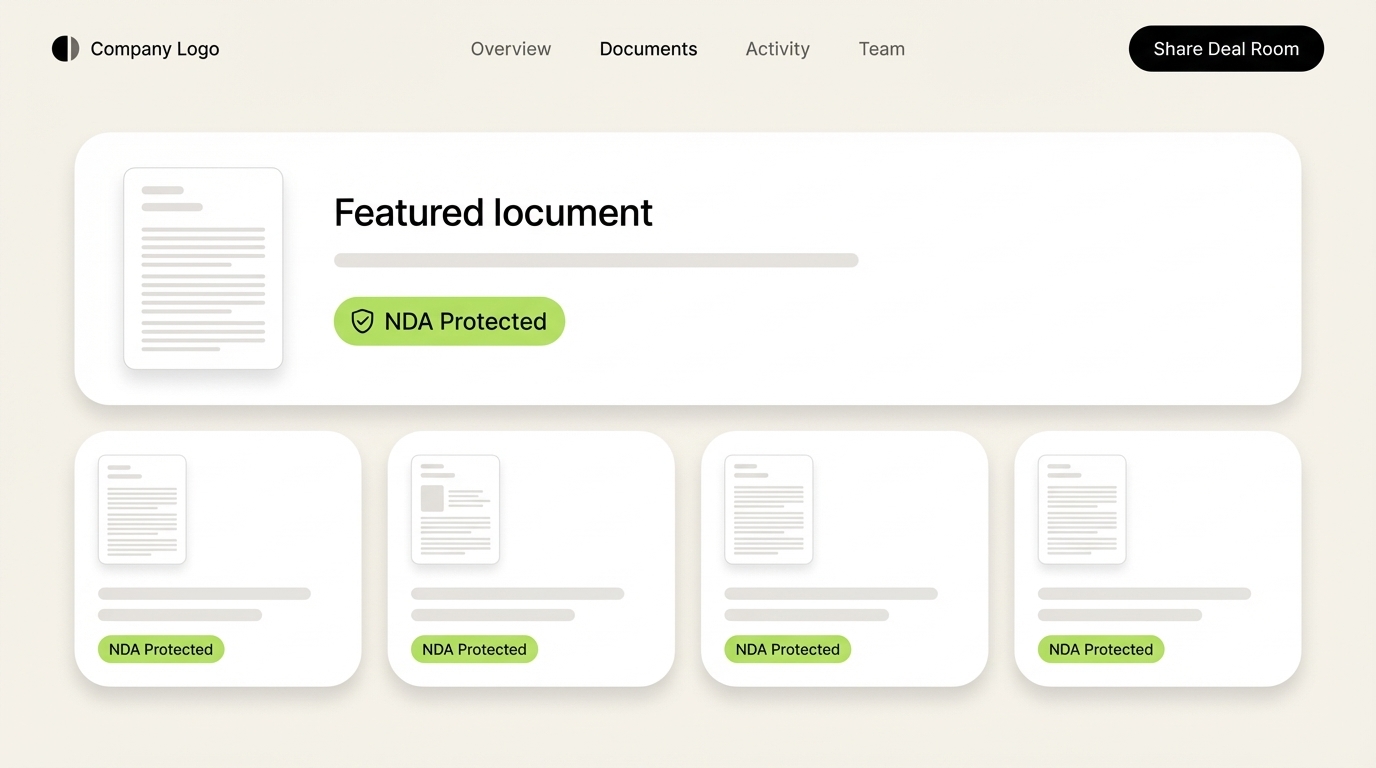 SendNow branded deal room UI showing a microsite with NDA-protected document cards