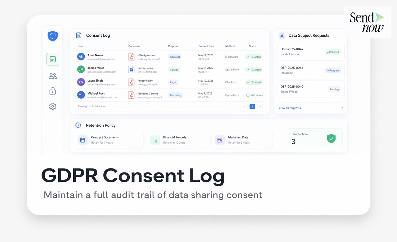 Security Defaults panel with GDPR compliance badges in SendNow