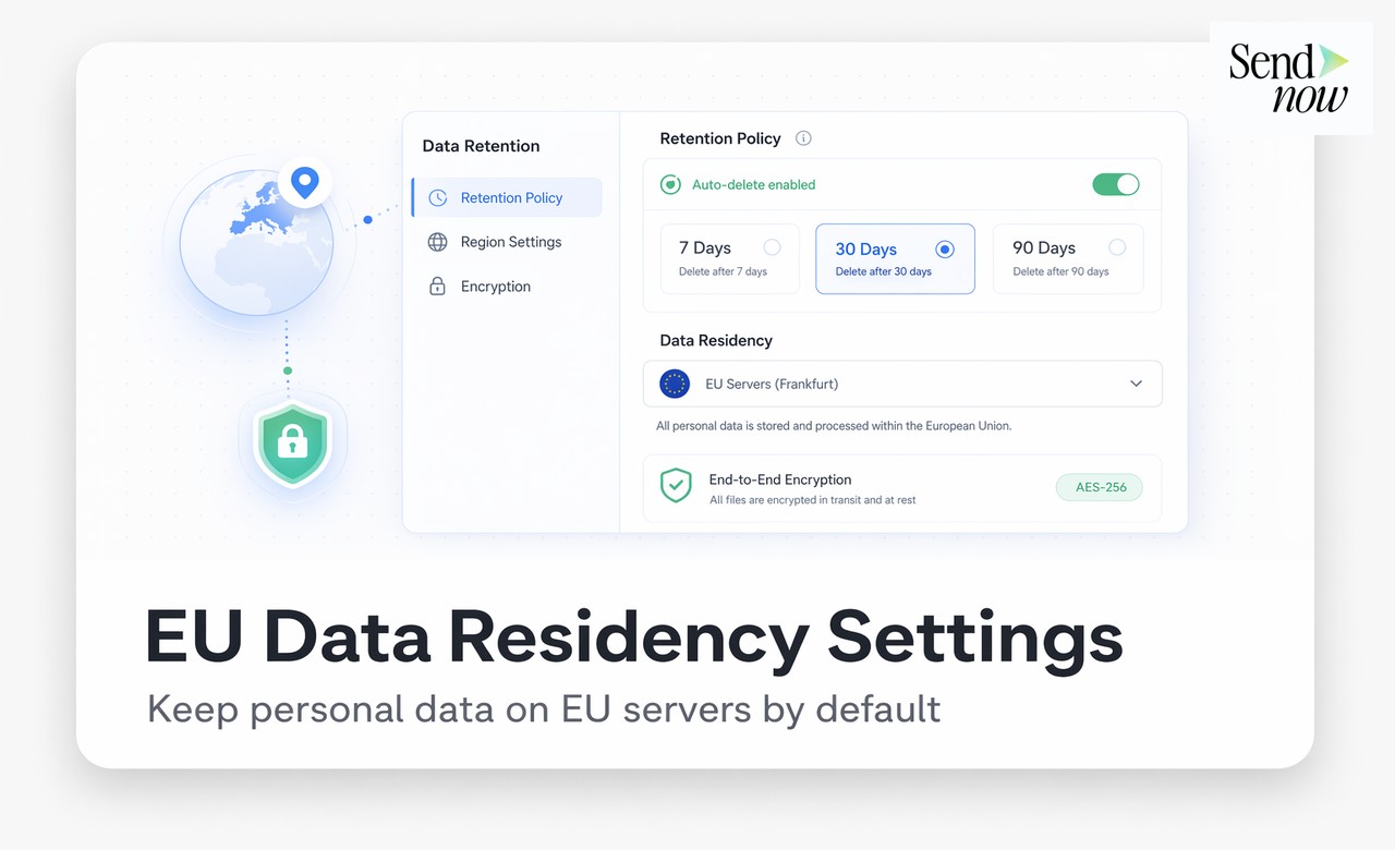 EU Data Centres, AES-256 and No Third-Party Tracking badges in SendNow