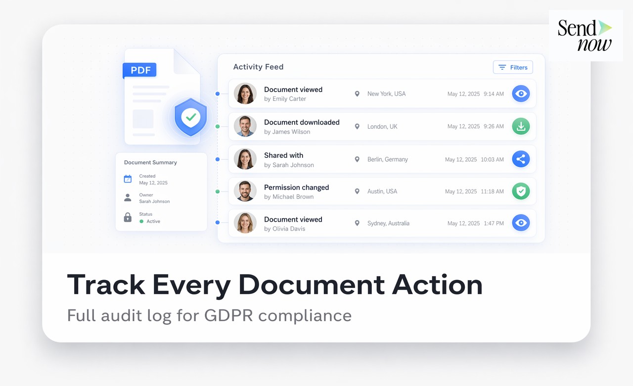 Tabla de registro de auditoría con historial completo de actividades en SendNow