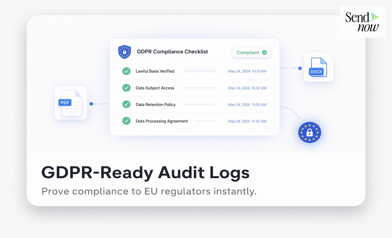 GDPR compliance badge with Article 5 reference in SendNow