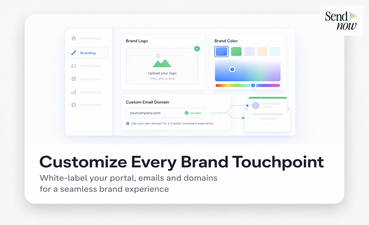Branding settings panel with logo, colours, and domain configuration