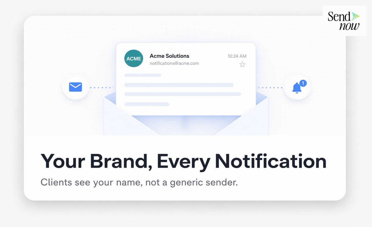Branded notification email showing firm logo and colours in SendNow